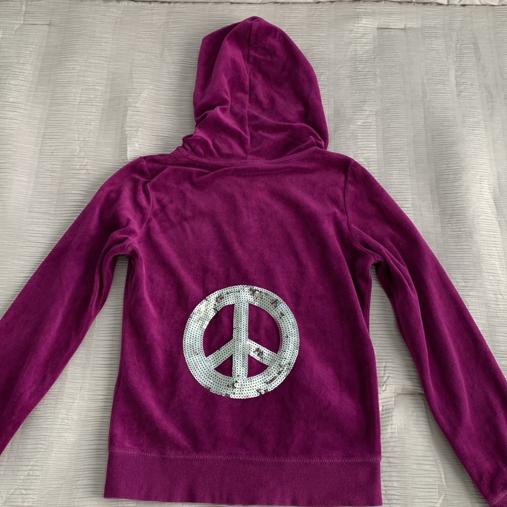PINK ROSE Girl’s Hot Pink Hoodie Velour Sequin Peace Sign Full Zip Pockets S